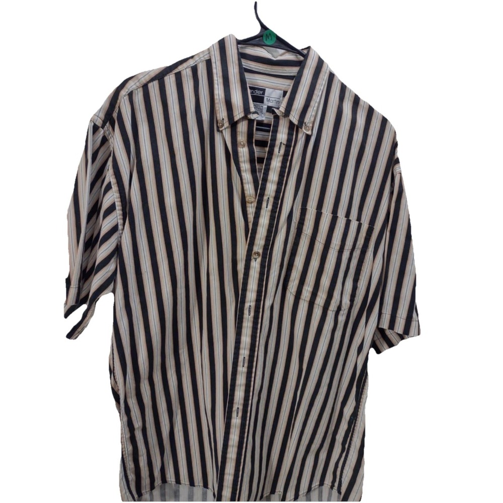 Alexander Martin Mens Medium Striped Short Sleeve Button Down Shirt Cotton Black